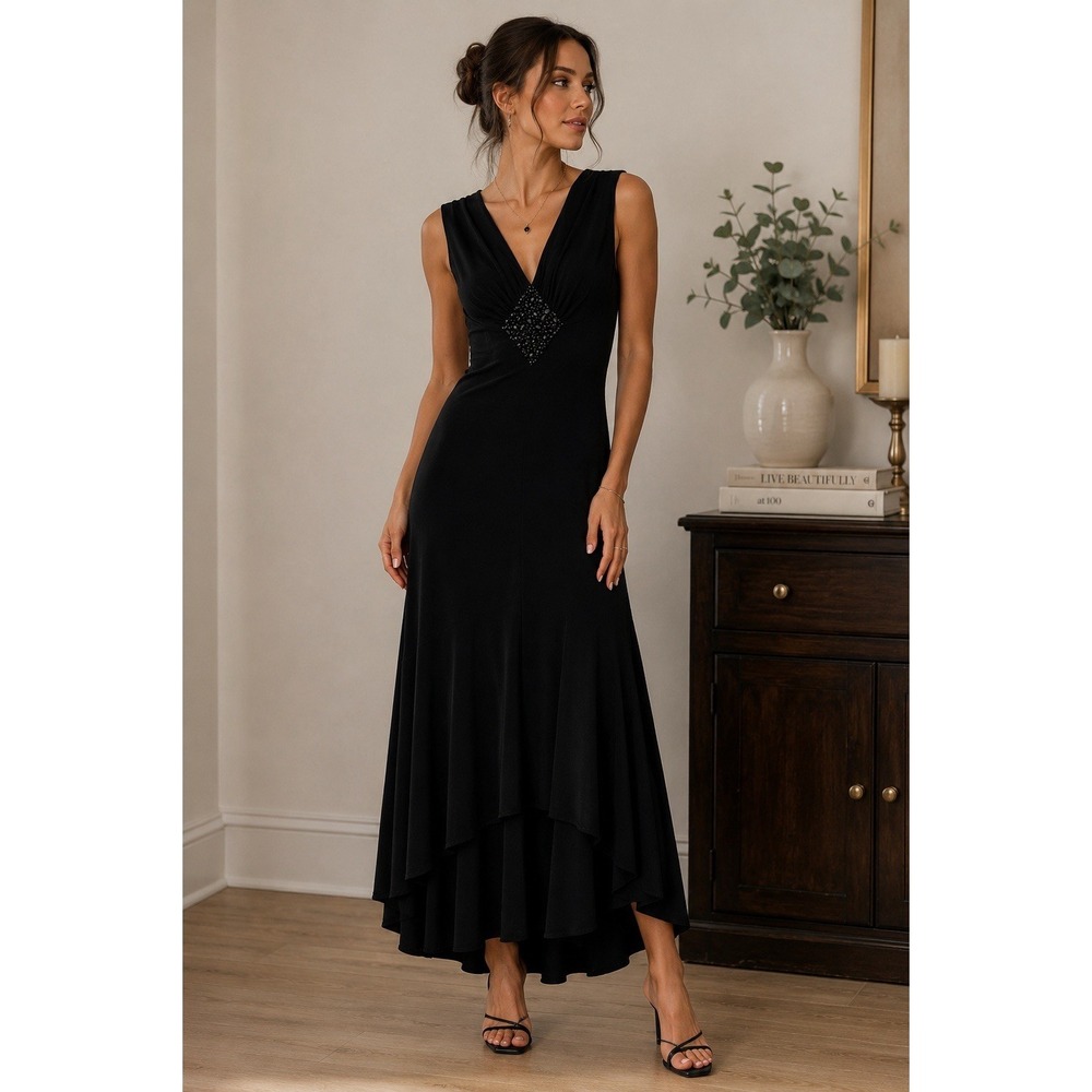 Vintage JS Boutique Womens Beaded Sleeveless Dress Size 10 Elegant Glam Formal